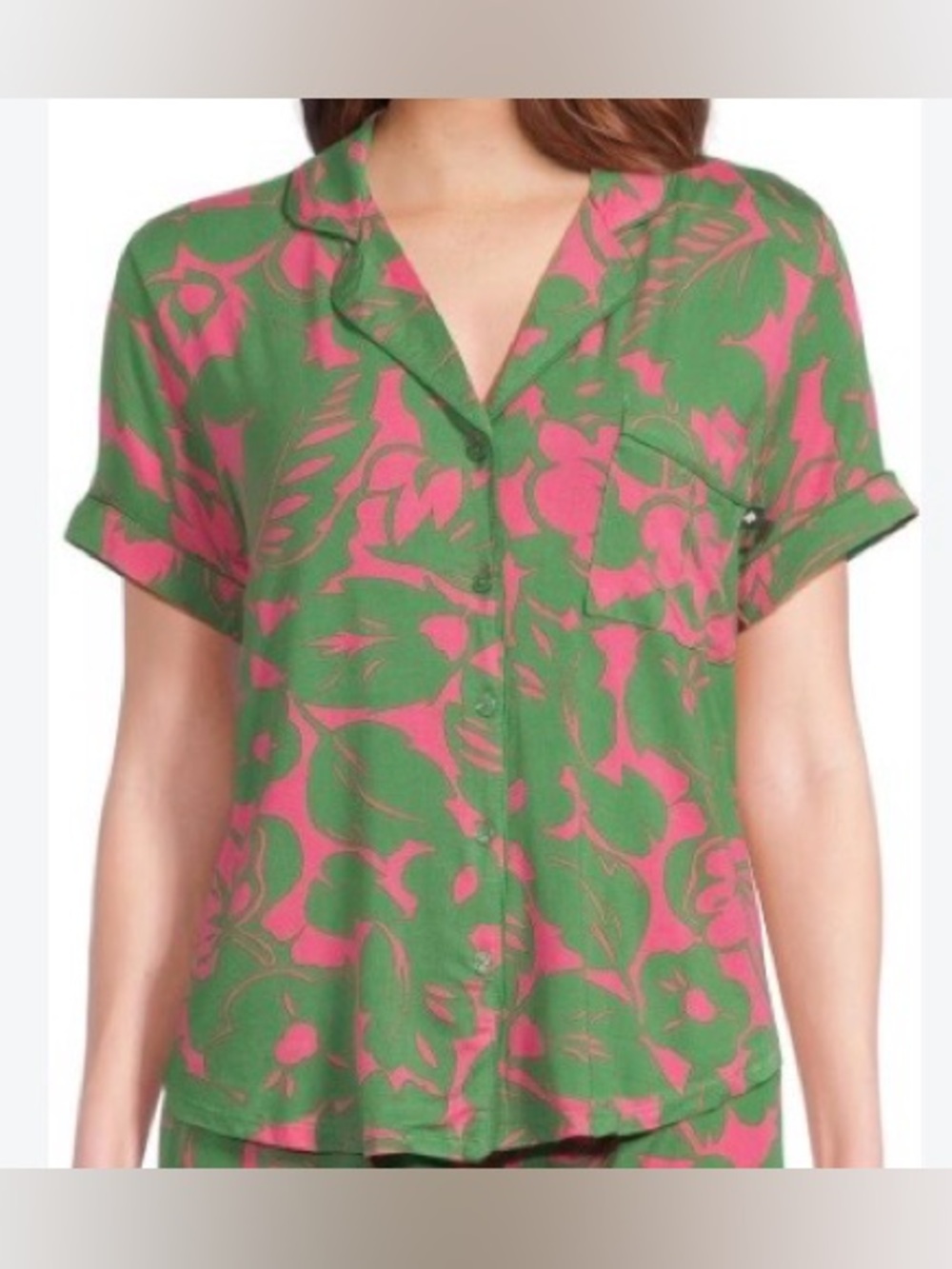 Kate Spade New York Womens Pajama Top 1X Short Sleeve Button Front Green Pink